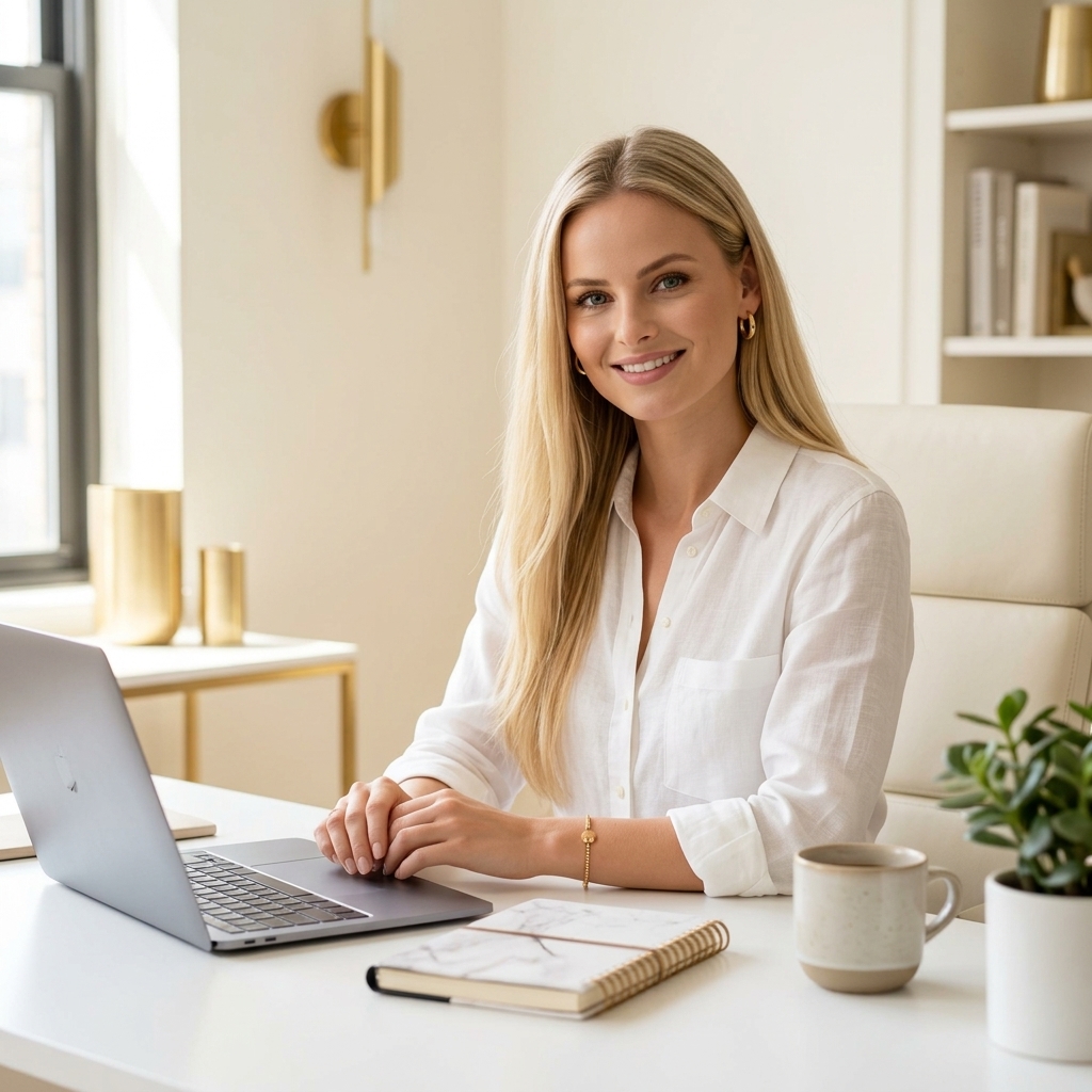 Jenna at her workspace with laptop